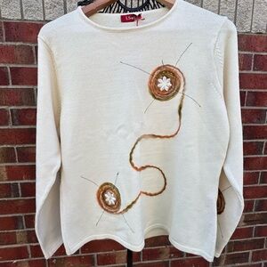 LS*B Cream Sweater Artistic Embroidery Merino Wool Blend Made In Italy BOHO  XL